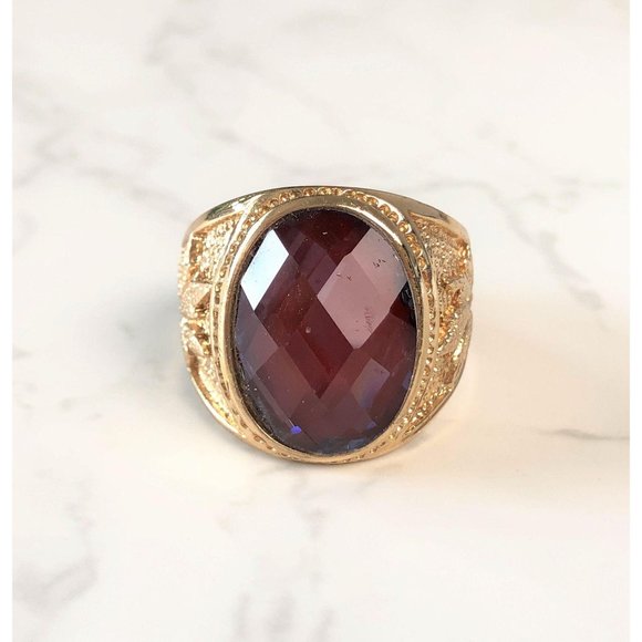 Gold Plated Mens Ring Size 10 Faceted Glass Caboch - Picture 5 of 10